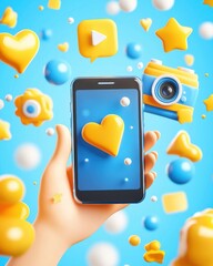 A colorful illustration of a hand holding a smartphone displaying a heart, surrounded by playful icons like stars and a camera against a bright blue background.