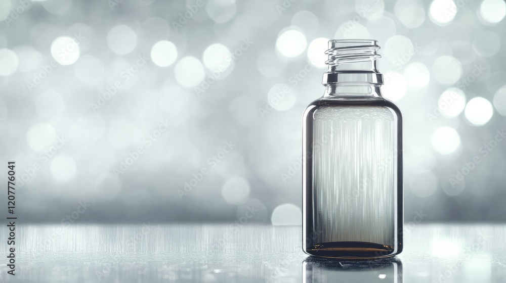 Poster transparent glass bottle on reflective surface with bokeh background and copy space for product or t
