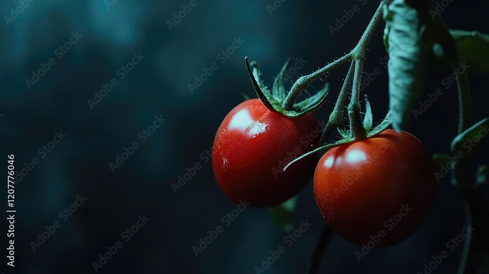 Poster fresh ripe red tomatoes on a vine with dark background and copy space for text