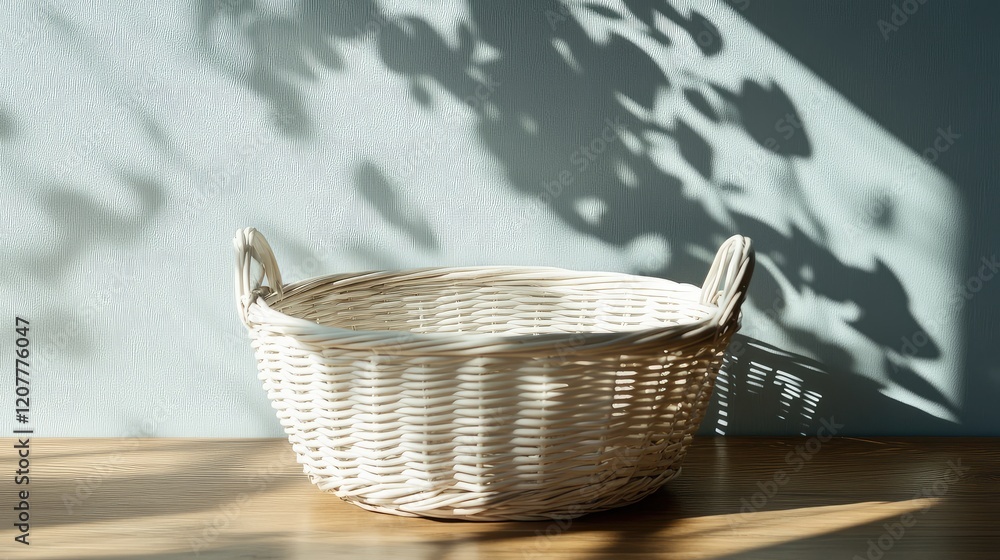 Aufkleber white wicker basket on wooden surface with shadow patterns and copy space