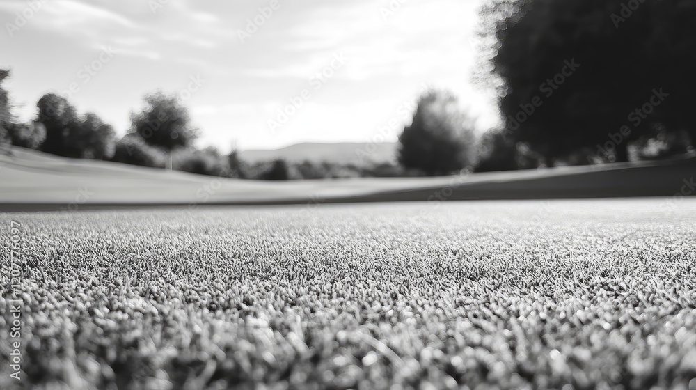 Poster grayscale view of a manicured grass lawn on a golf course with soft focus and scenic background elem
