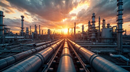 Chemical plant landscape with towering stacks, intricate machinery, and metal structures against a dramatic sky, capturing the essence of heavy industry.