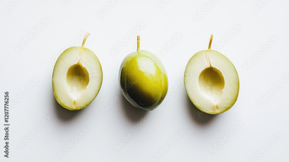 Aufkleber green olives sliced in half with a pit visible on a light background copy space