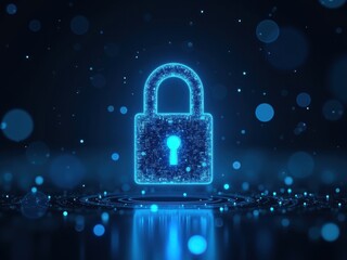 High-resolution image showcasing a glowing padlock symbolizing security in cryptocurrency transactions, set against a dark digital background filled with light particles