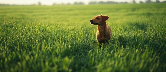 Vast green field landscape with a slender brown dog in profile, captured at a low angle with soft sunlight and ample text space.
