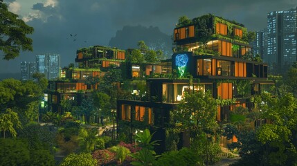 Obraz premium Futuristic Eco-City: AI-Powered, Clean Energy, Vibrant Natural Hues