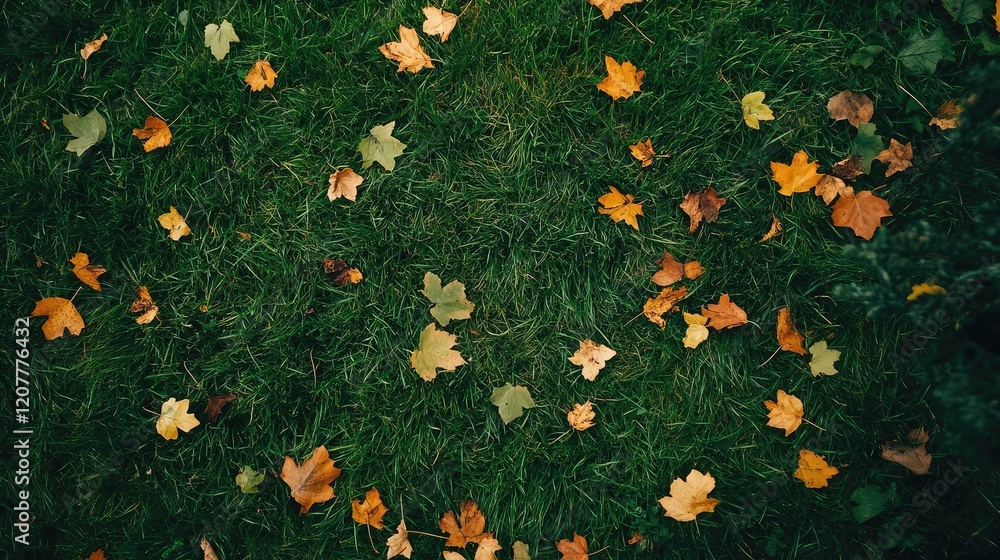 Poster autumn leaves scattered on green grass creating a colorful natural background with copy space for te