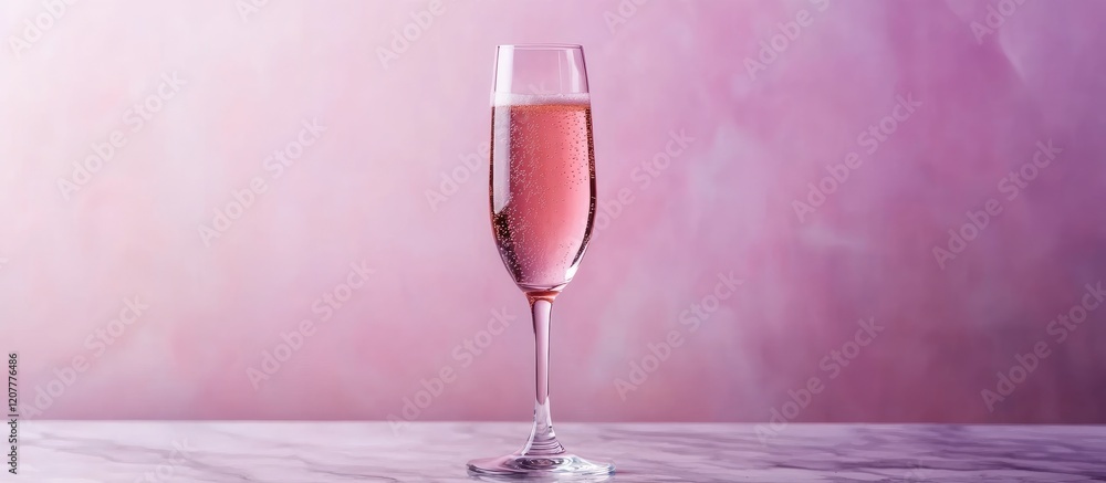 Aufkleber elegant champagne flute with sparkling pink bubbles against soft violet background and empty space f