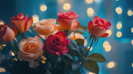 Romantic bouquet of colorful roses glowing against a soft bokeh background perfect for Valentine's Day celebrations and love-themed occasions