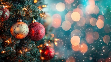 Festive Calligraphy with Blurred Christmas Tree and Ornaments Creating a Joyous Holiday Atmosphere