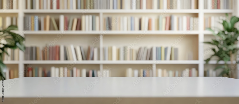 Poster modern minimalistic office interior with a wooden table in foreground and white bookshelf filled wit