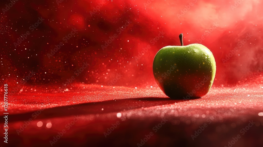 Poster green apple on a red sparkling background with copy space for text placement.
