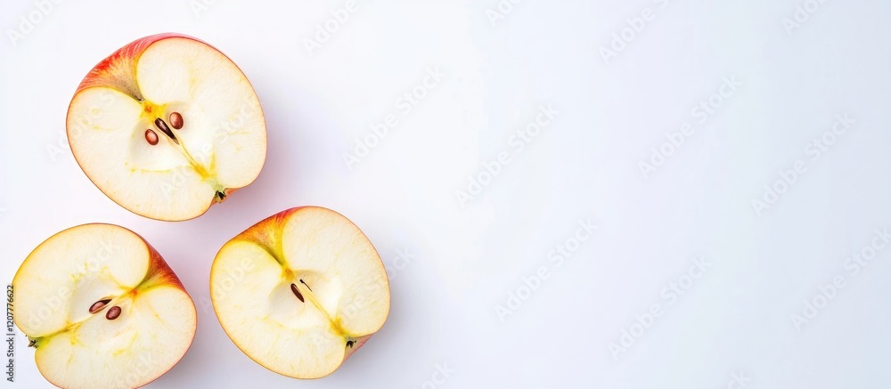 Poster freshly sliced yellow apple segments on bright white background with soft shadows and ample copy spa