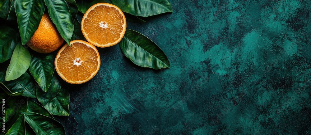 Poster vibrant sliced oranges on lush green leaves against a dark teal background with ample empty space fo