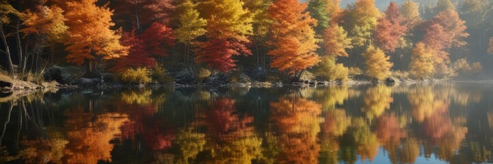 Obraz premium Autumn foliage reflected perfectly in the still waters of a summer lake , natural beauty, seasonal contrast