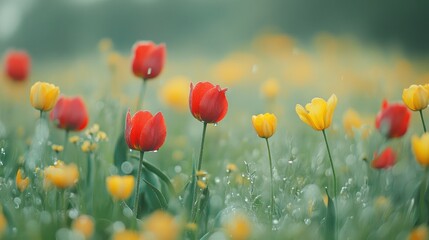 Fototapeta premium Colorful tulip flowers with droplets in a green field during a sunny day Copy Space