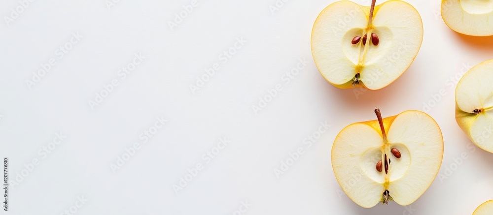 Poster freshly sliced yellow apple halves on bright white background with ample copy space for text and min