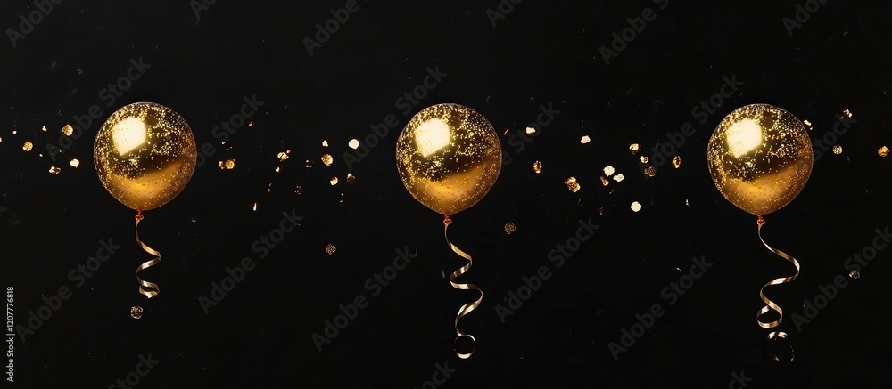 Poster golden foil balloons with ribbon curls and shimmering gold confetti on a black background creating a