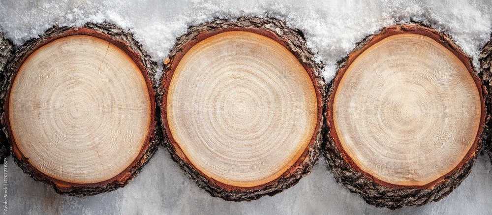 Aufkleber cross-section of tree trunks displaying annual growth rings on a rustic wooden background with copy 