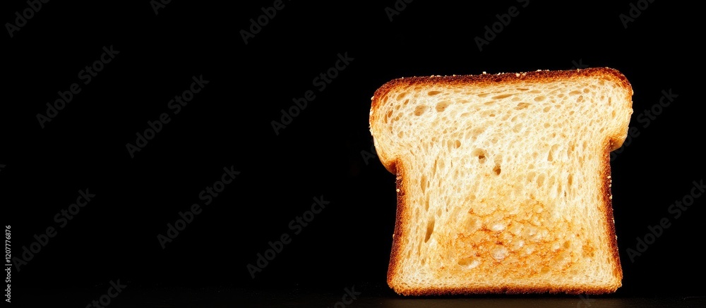 Poster toasted golden brown bread slice on black background with empty copy space for text in culinary and 