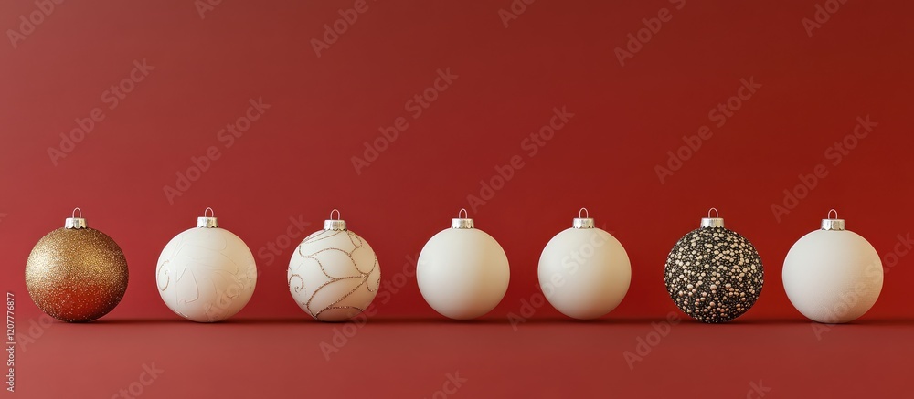 Poster set of christmas ornaments in various designs arranged on red background with copy space for text.