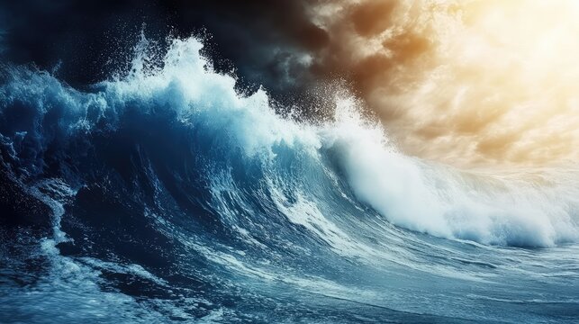 Dramatic ocean waves crashing against a rocky shore under a turbulent sky with sunlight breaking through dark clouds Copy Space