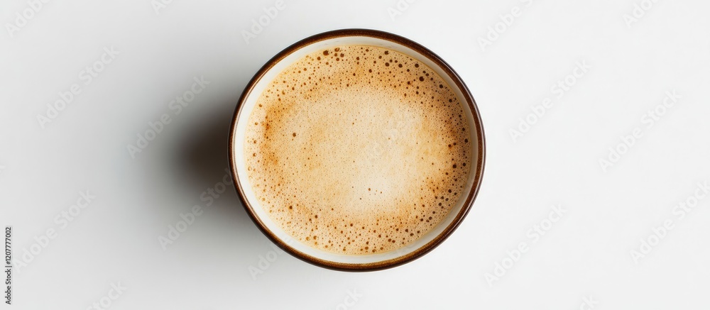 Poster aerial view of freshly roasted coffee cup with creamy foam on minimalist white background providing 