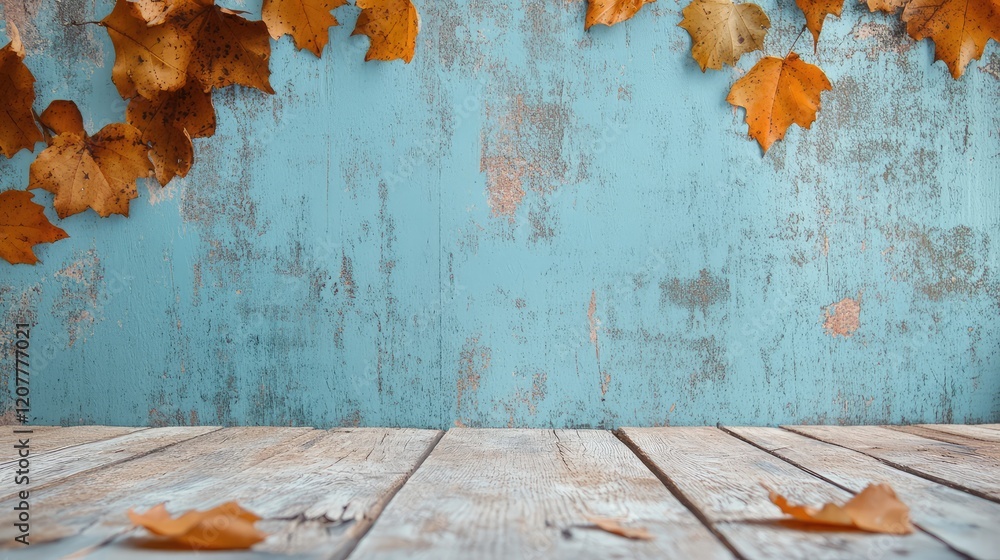Aufkleber autumn leaves on rustic wooden surface with blue textured background and ample copy space for text p