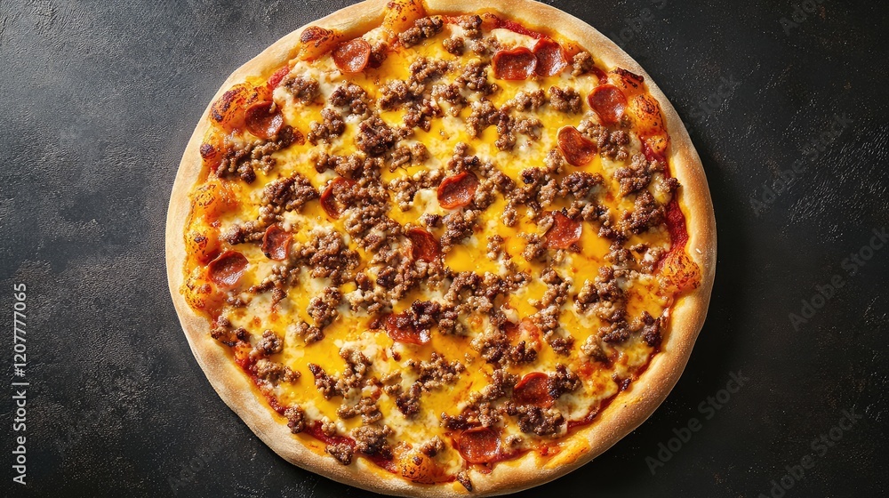 Poster pizza with pepperoni and ground beef topping on a dark background with copy space for text.