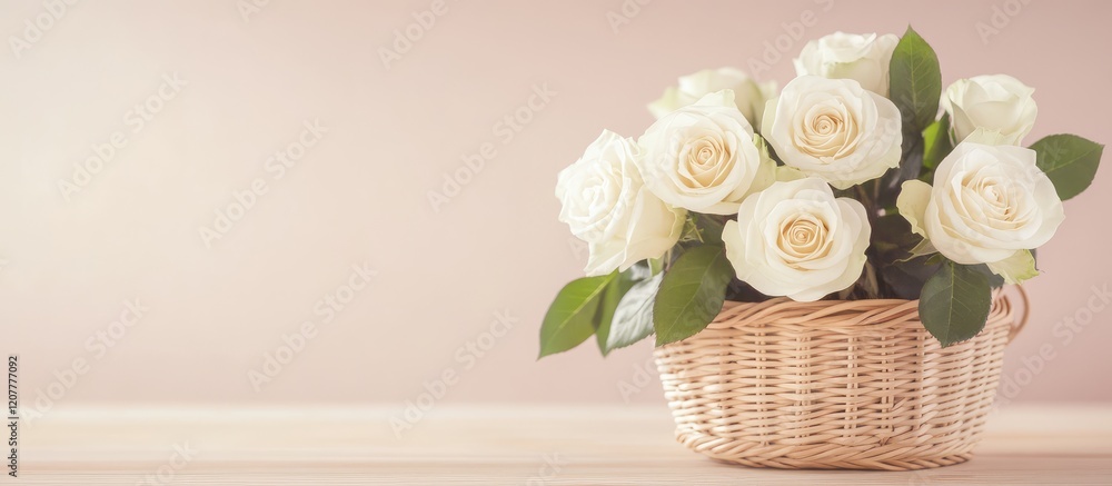 Poster white roses in a wicker basket on a wooden surface with soft pastel background and copy space for te