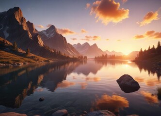 Beautiful sunset over a mountain range with a lake in the foreground, golden hour sky, misty morning, natural wonder