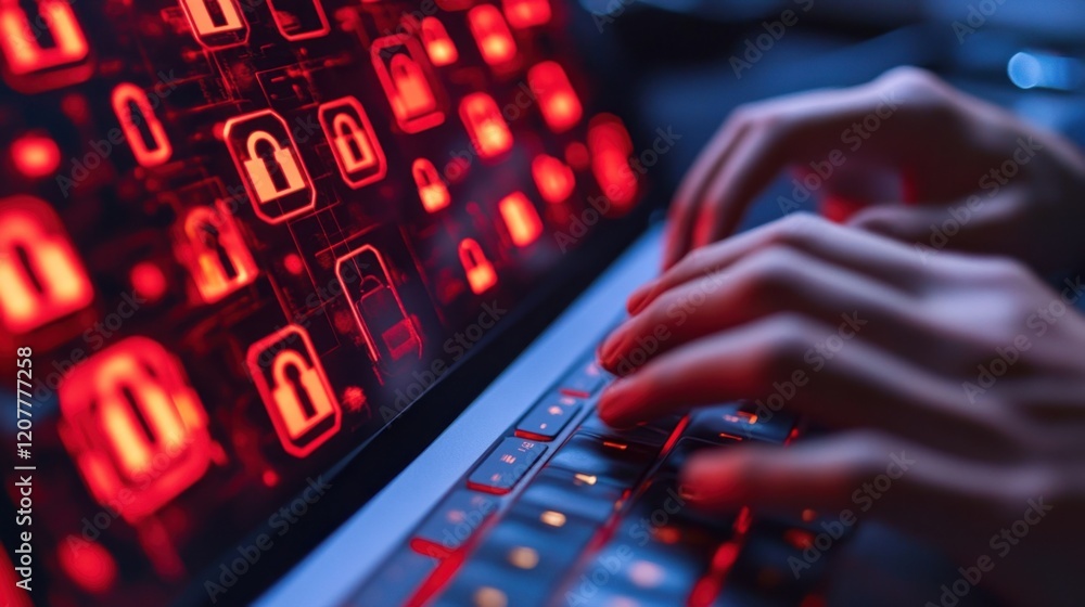 Poster hands typing on laptop with digital security icons in background