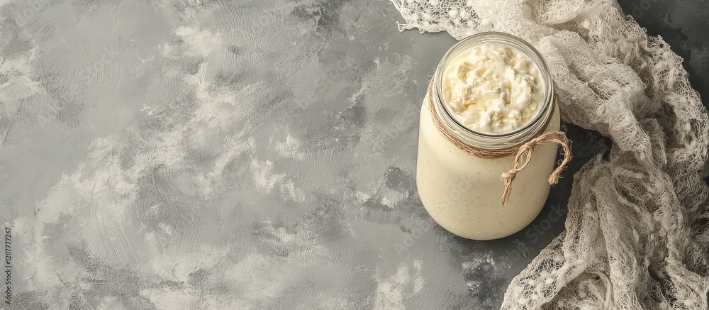 Poster glass jar of yogurt on textured gray background with copy space for text above and beside the jar