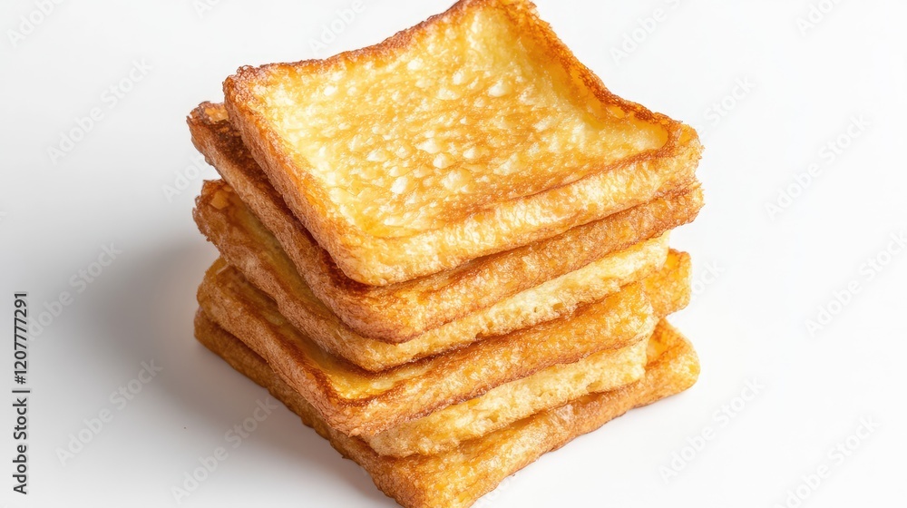 Poster stack of crispy golden brown fried bread slices on a white background with copy space.