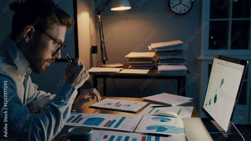 Poster professional working late at night analyzing data and creating presentations at a desk with a dim li