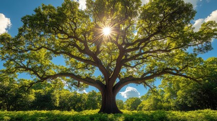 Majestic oak tree sunlit, green forest background, nature serenity