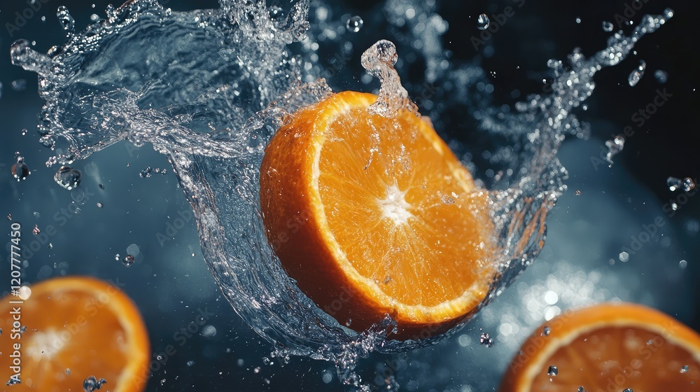 Poster fresh orange slice splashing in water with dynamic droplets and dark background copy space