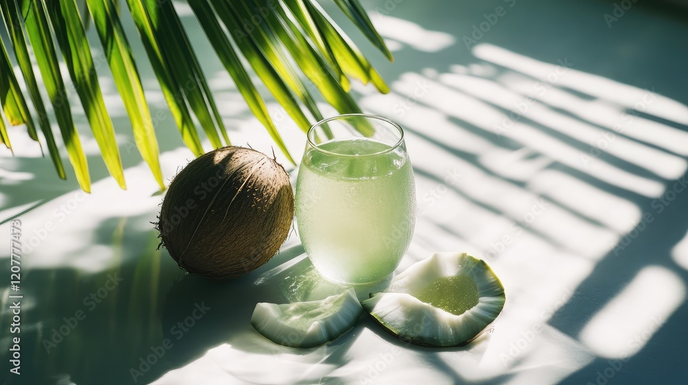 Poster coconut water in glass with coconut shell and slices on white surface with palm leaves shadow patter