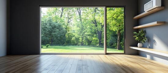 Fototapeta premium Serene Interior Design: Modern Room with Floor to Ceiling Window Showcasing Lush Greenery