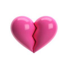 3D pink glossy broken heart with a sharp crack in center. Isolated vector symbolizing heartbreak, sadness, emotional pain. Perfect for Valentine's Day, love, breakup designs, posters, social media