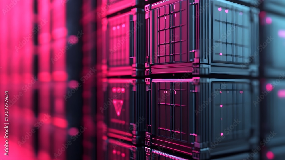 Poster futuristic stacked freight crates with glowing efficiency symbols for automated logistics