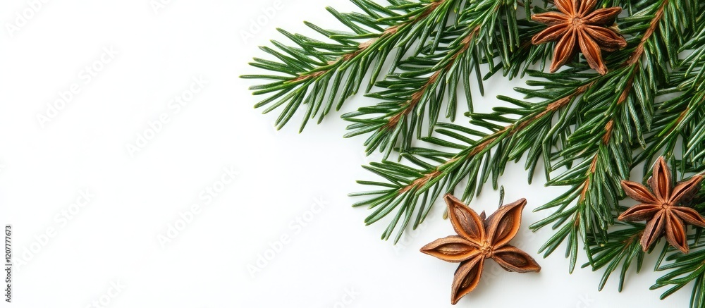 Poster lush green fir tree branch adorned with aromatic star anise on a clean white background creating ide