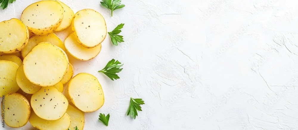 Aufkleber freshly sliced yellow potatoes with green parsley on bright white background detailed close-up image