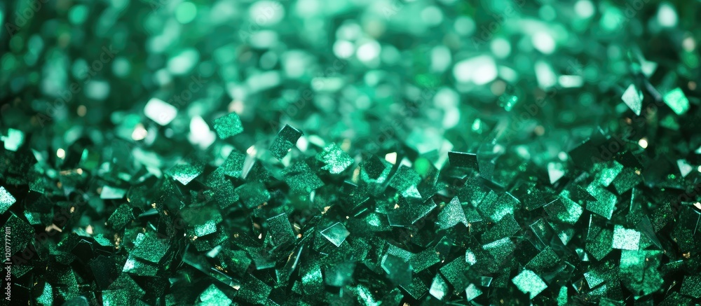 Poster emerald green confetti texture in close-up for celebrations with generous copy space on a vibrant ba