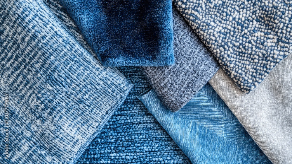 Poster textured fabric swatches in blue tones arranged together with varying patterns and materials on a fl