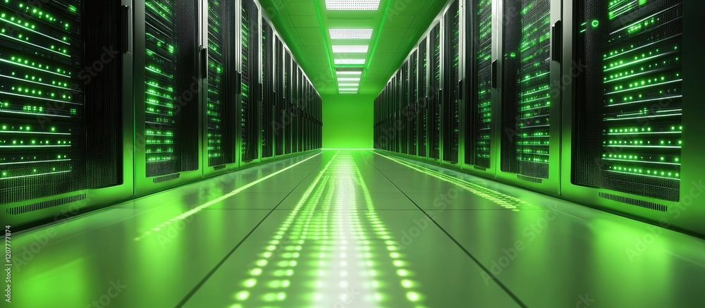 Poster modern data center interior with green cloud computing storage servers and reflective floor design f