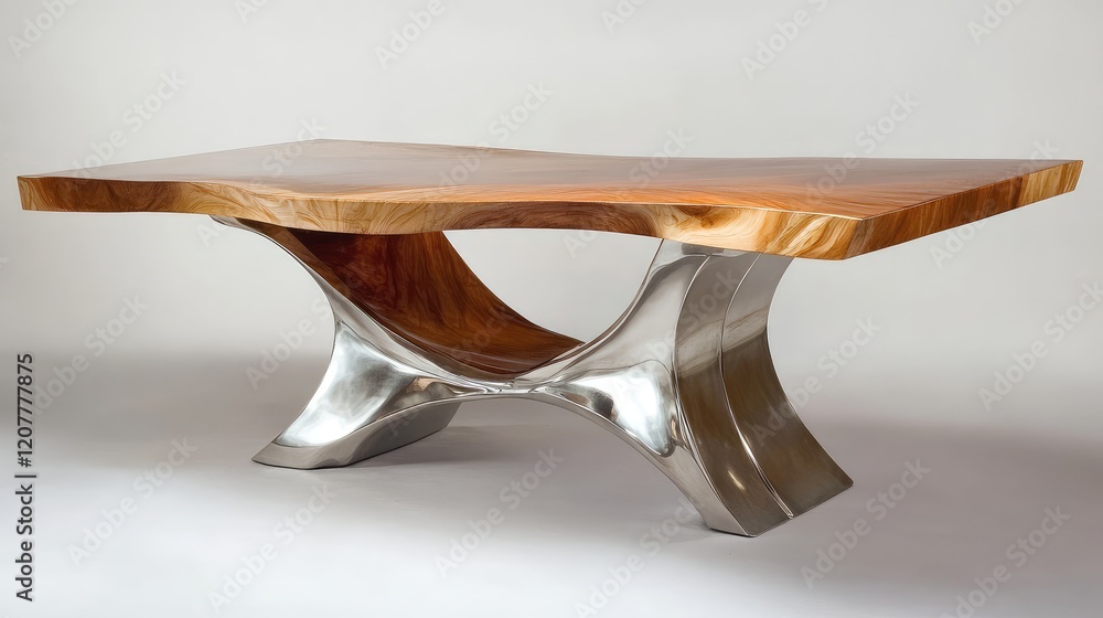 Poster modern wooden table with a unique metallic base showcasing an artistic design and smooth surface ide