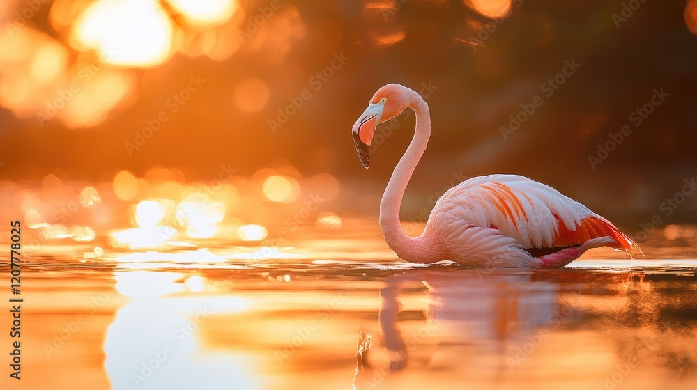 Poster greater flamingo walking in calm water during sunset with warm glowing reflections and soft bokeh ba