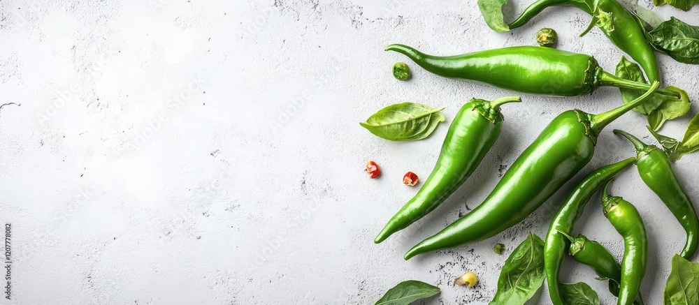 Poster fresh green chili peppers and assorted varieties on rustic gray background with empty space for text