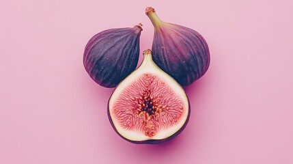 Fresh figs on a pink background with one fig cut in half showcasing the inside texture and color Copy Space